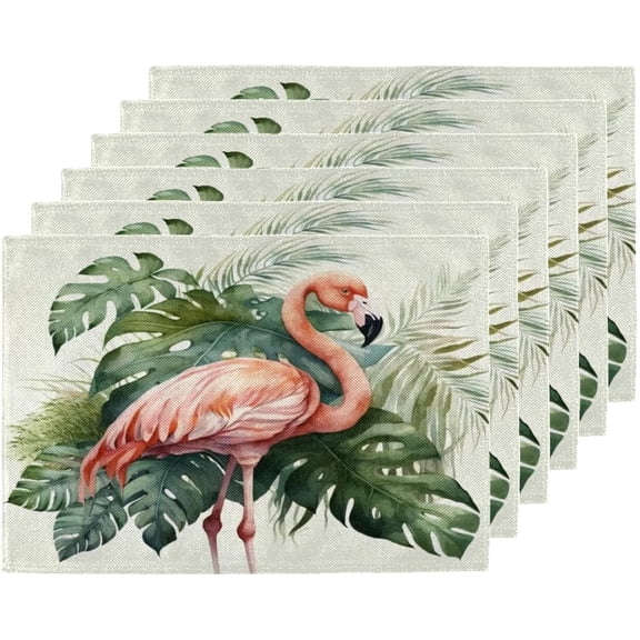 Tropical Plant Flamingo Placemats Set of 6, Heat Resistant Washable Linen Table Mat Wipeable Indoor Outdoor Kitchen Holiday Party Tables Decoration Coffee Place Mats 12x18 Inch