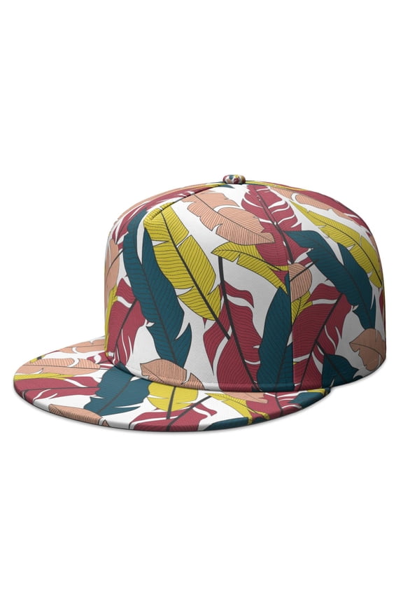 Tropical Plant Flat Bill Cap - Hawaiian Leafy Design Adjustable Urban Style Hat