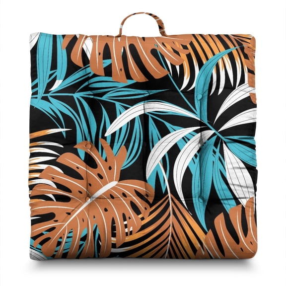 Tropical Plant Floor Pillow – 22x22 Inch Large Cushion, Dutch Velvet, Jungle Leaves Pattern (Bold & Natural)