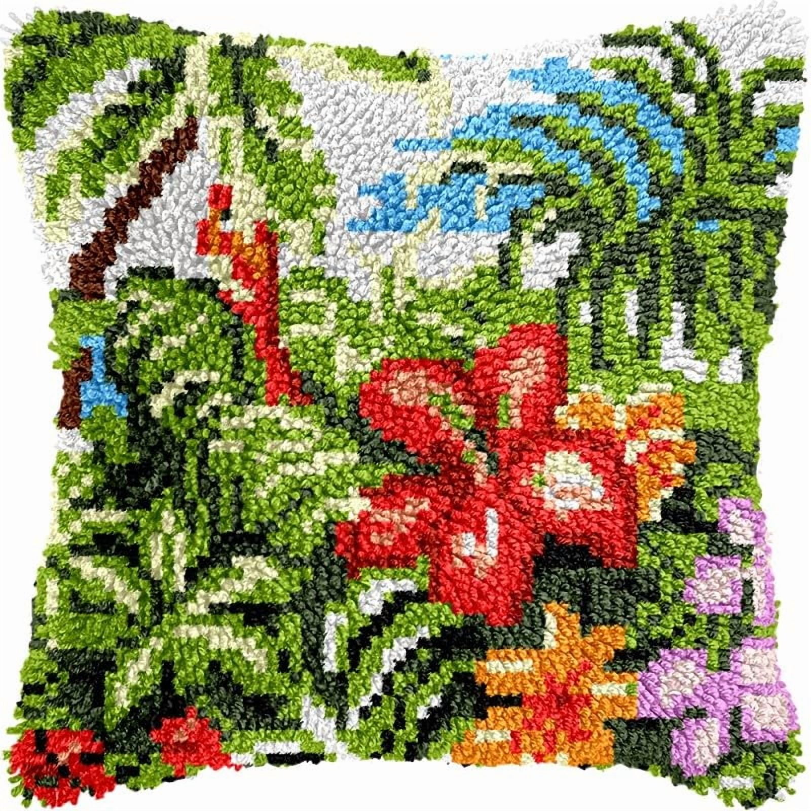 Tropical Plant & Flower Latch Hook Pillow Kits for DIY Handmade Throw Pillow Cushion Cross Stitch Latch Hooking Pillowcase Kits with Preprinted Canvas Crochet Yarn 17''X 17''(Y29)