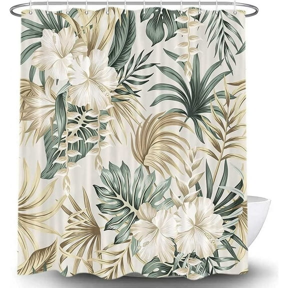 Tropical Plant Flower Shower Curtain for Bathroom, Vintage Sage Green Palm Leaves Beige Fabric Shower Curtains Set, Cute Floral Greenery Botanical Restroom Decor Accessories with Hooks 60"X72"