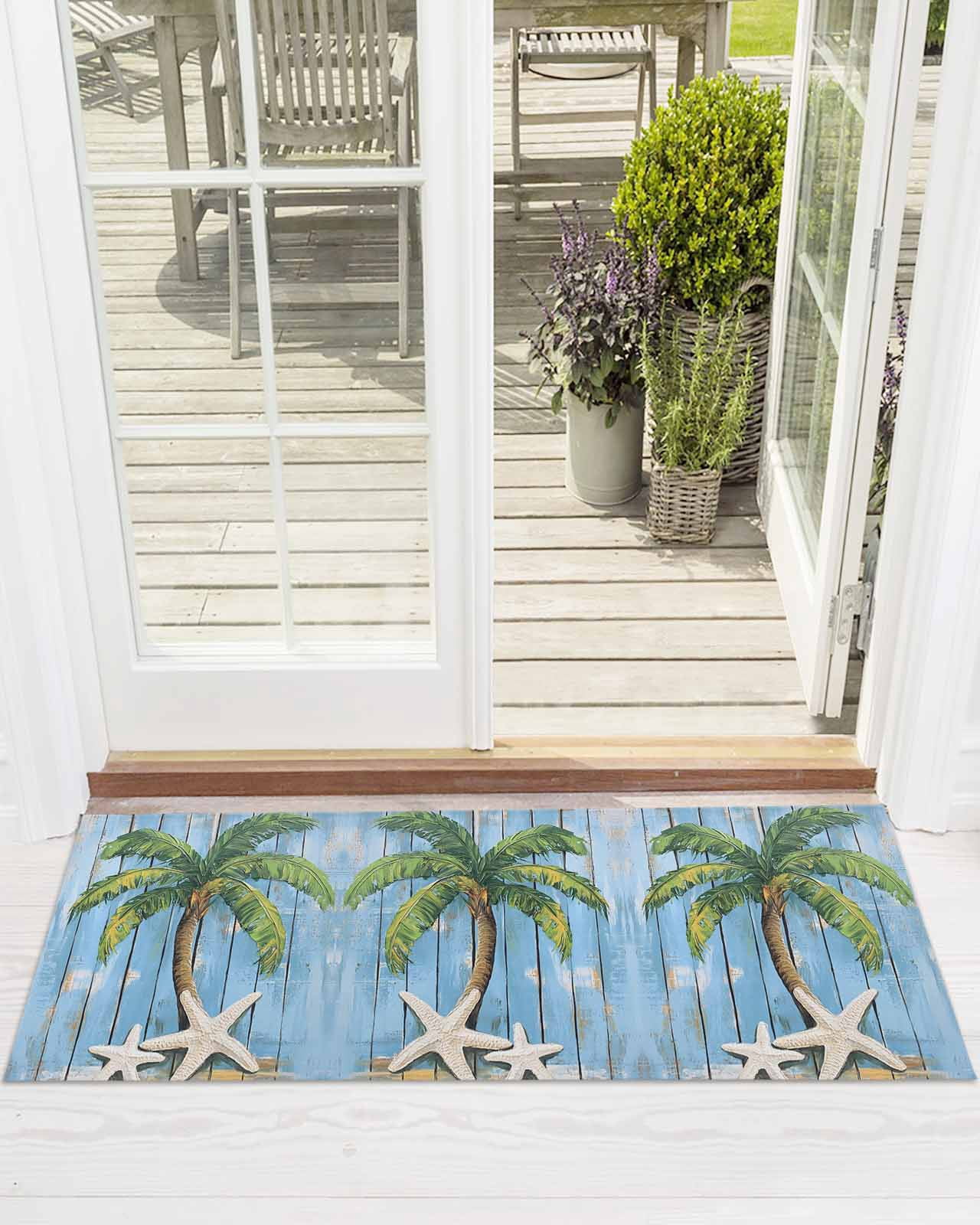 Tropical Plant Front Door Mat Blue Wood Grain Starfish Vintage Welcome Doormat Indoor Outdoor Entrance Floor Mat Non-Slip Washable Runner Rug for Front Porch Decor 24x71 Inch