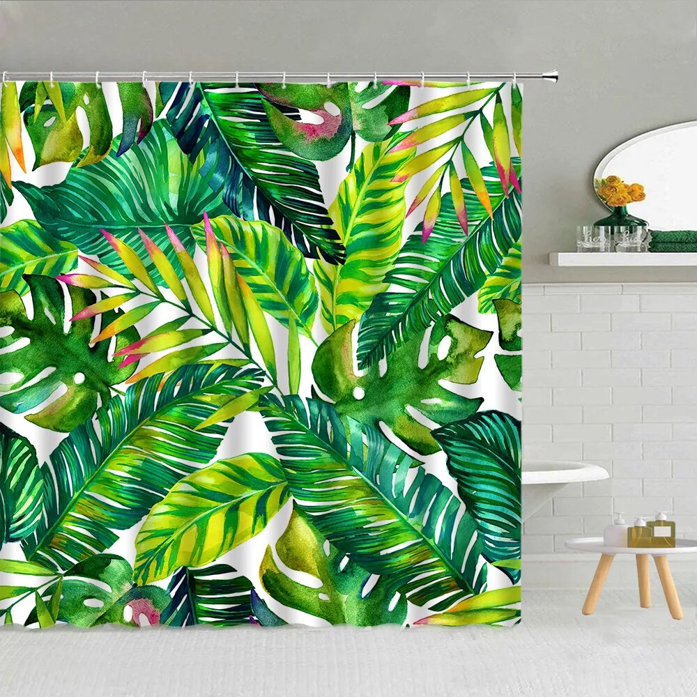 Tropical Plant Green Leaf Shower Curtain Palm Monstera Leaves Kids Bath