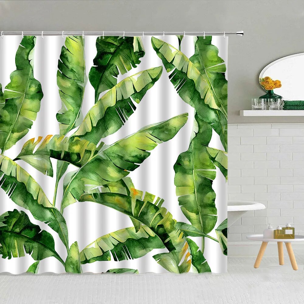Tropical Plant Green Leaf Shower Curtain Palm Monstera Leaves Kids Bath