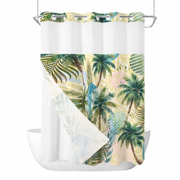 Tropical Plant No Hook Shower Curtain with Snap in Liner, Waterproof Fabric Shower Curtains, Summer Watercolor Boho Green Palm Tree Beige Shower Curtain Set Top See Through for Bathroom 60"x72"