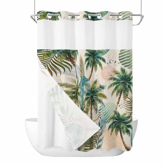 Tropical Plant No Hook Shower Curtain with Snap in Liner, Waterproof Fabric Shower Curtains, Summer Watercolor Boho Palm Tree on Linen Shower Curtain Set Top See Through for Bathroom 72"x84"