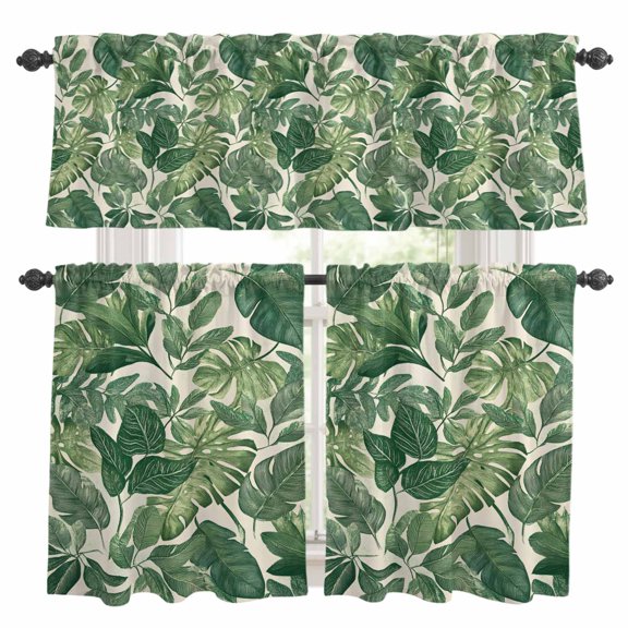 Tropical Plant Kitchen Curtains Valances and Tiers Set of 3 Watercolor Green Palm Leaf Linen Texture Tier Curtains and Valance with Rod Pocket for Small Windows, 27.5"x24"