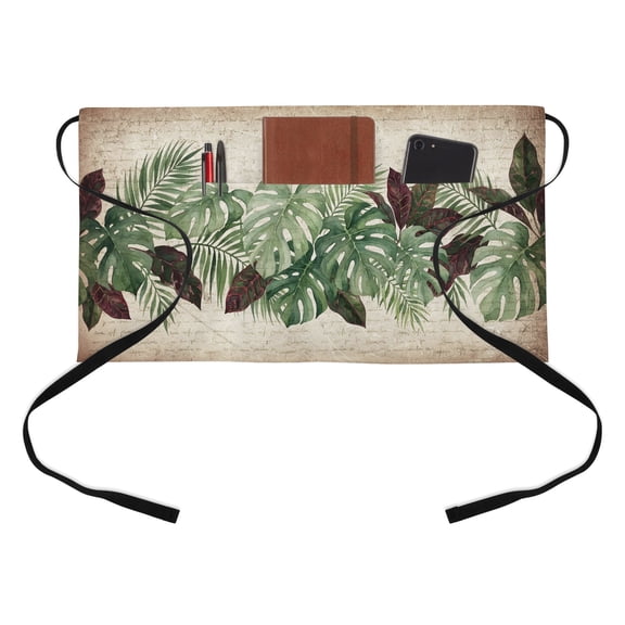Tropical Plant Kitchen Restaurant Half Waist Apron, Summer Watercolor Monstera Letter Paper Background Server Short Apron with 3 Pockets Waterproof Oil Waist Aprons for Women Waitress Waiter