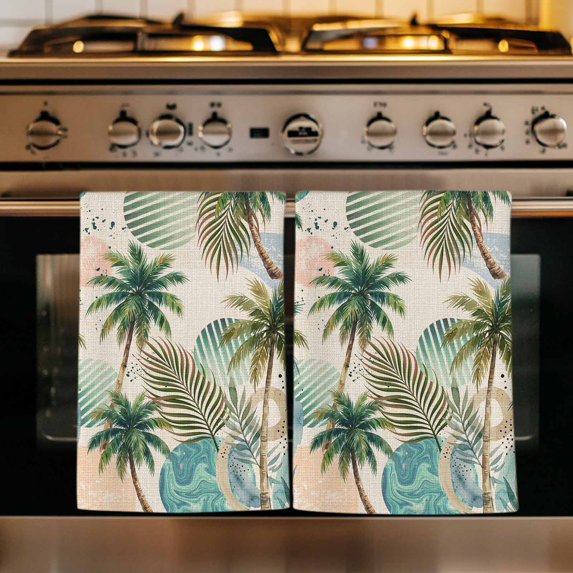 Tropical Plant Kitchen Towels Set of 2, Summer Watercolor Boho Palm Tree on Linen Absorbent Dish Towels for Kitchen, Microfiber Hand Towel, Quick Drying Tea Towel for Cleaning Decorative Dishcloths
