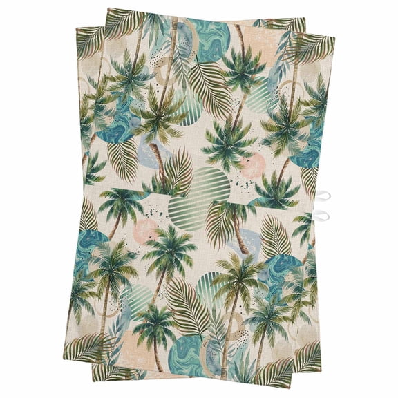 Tropical Plant Kitchen Towels Set of 2, Water Absorbent Dish Towel, Summer Watercolor Boho Palm Tree on Linen Decorative Hand Towels - Quick Drying Cloth for Cooking Baking, 18x28 Inch