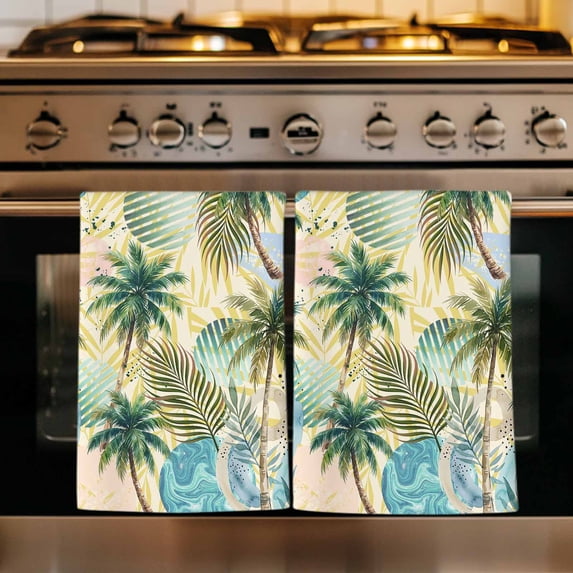 Tropical Plant Kitchen Towels Set of 3, Summer Watercolor Boho Green Palm Tree Beige Absorbent Dish Towels for Kitchen, Microfiber Hand Towel, Quick Drying Tea Towel for Cleaning Dishcloths