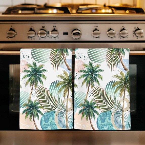 Tropical Plant Kitchen Towels Set of 3, Summer Watercolor Boho Green Palm Trees Absorbent Dish Towels for Kitchen, Microfiber Hand Towel, Quick Drying Tea Towel for Cleaning Decorative Dishcloths