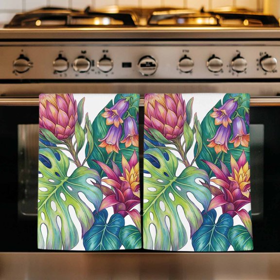 Tropical Plant Kitchen Towels Set of 4, Summer Watercolor Botanical Palm Leaves Absorbent Dish Towels for Kitchen, Microfiber Hand Towel, Quick Drying Tea Towel for Cleaning Decorative Dishcloths