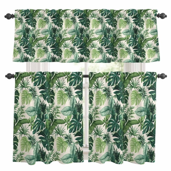 Tropical Plant Leaf Kitchen Curtains Valances and Tiers Set of 3 Green Palm Leaves Linen Texture Tier Curtains and Valance with Rod Pocket for Small Windows, 27.5"x24"