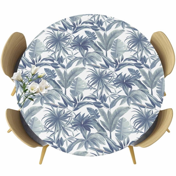 Tropical Plant Leaf Round Fitted Tablecloth with Elastic Edge, Gray Watercolor Palm Leaves Stretch Table Covers for 36"-44" Tables Wipeable Table Cloth for Outdoor