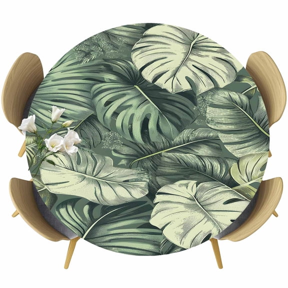 Tropical Plant Leaf Round Fitted Tablecloth with Elastic Edge, Vintage Palm Leaves Linen Texture Stretch Table Covers for 55"-60" Tables Wipeable Table Cloth for Outdoor