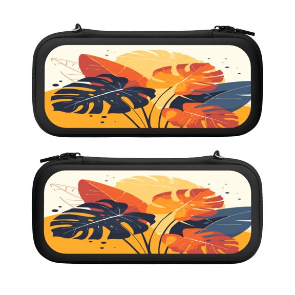 Tropical Plant Leafs, Carrying Case For Nintendo Switch & OLED Version, Eva Lightweight Shockproof Protective Pouch Case for Game Console & Accessories with 10 Game Card Slot & Wristband, Black