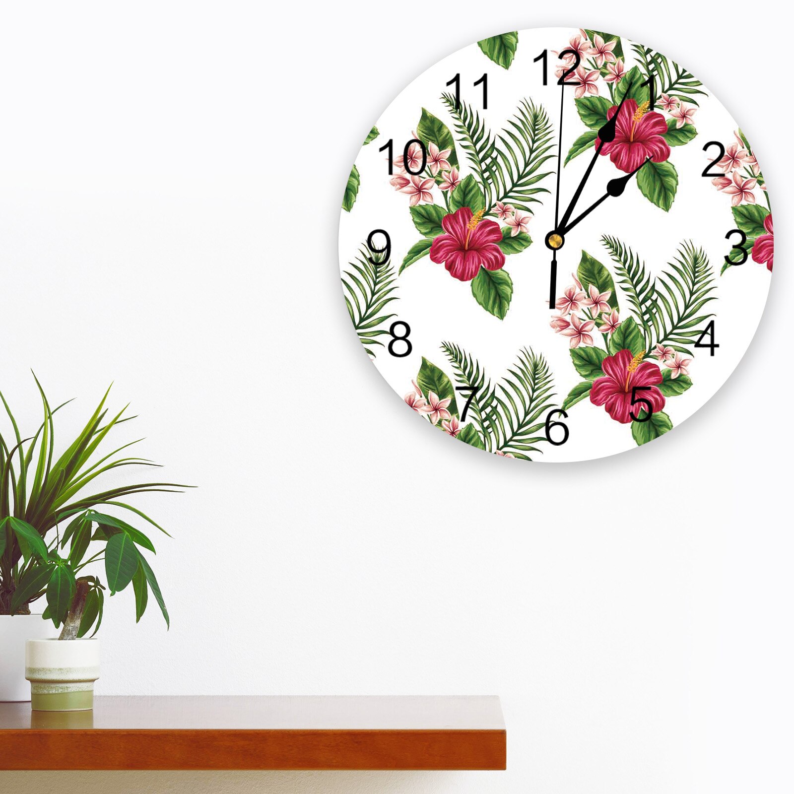 Tropical Plant Leaves Hibiscus Flower PVC Wall Clock Living Room Decor