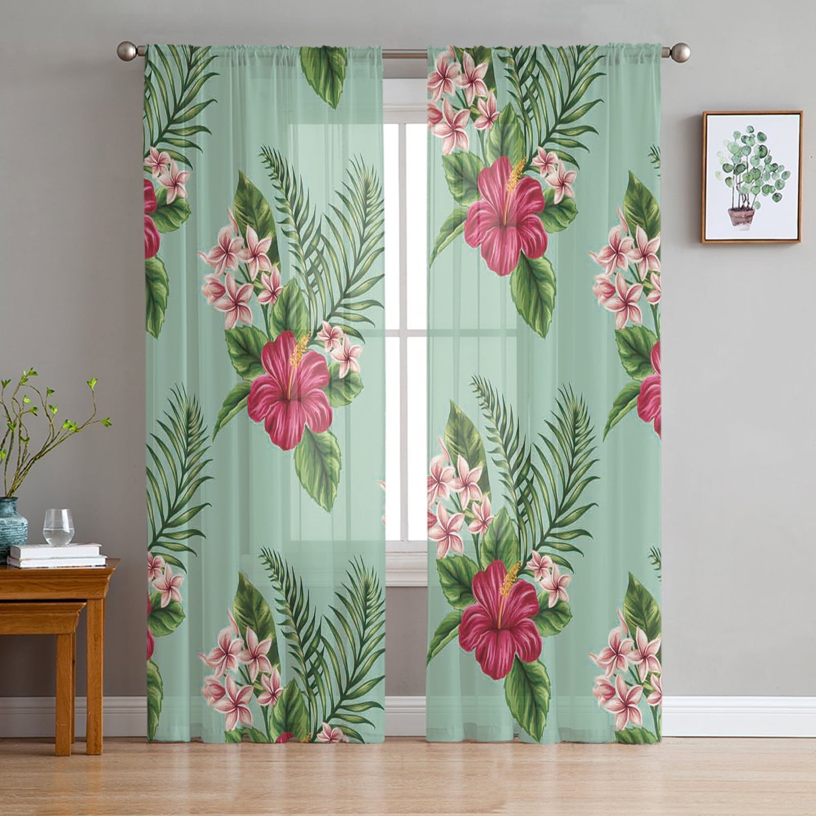 Transparent Rations Tropical Plant Leaves Hibiscus Tulle Curtains for Living Room Bedroom ...