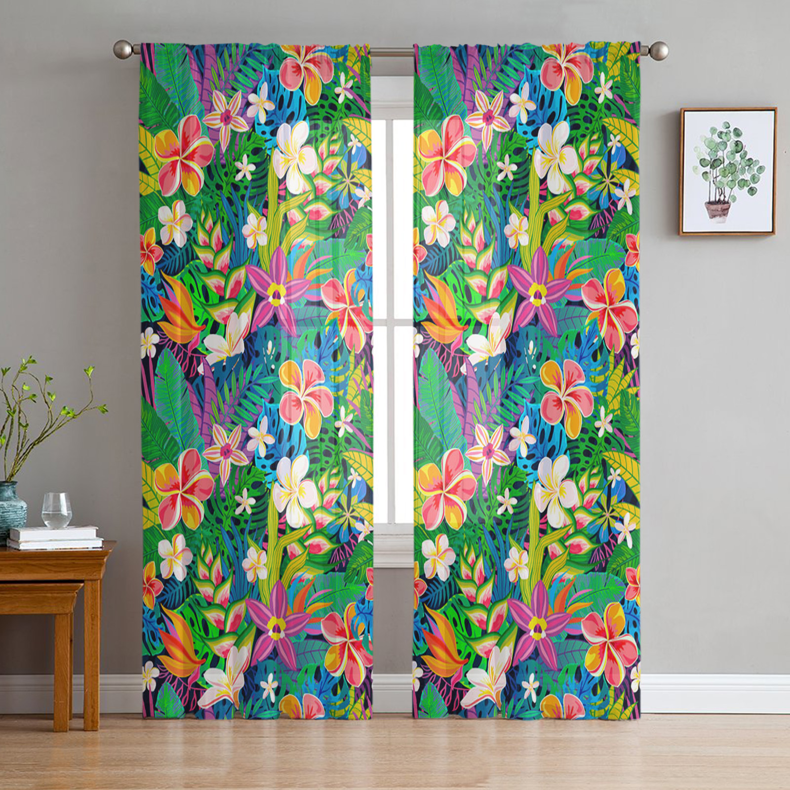 Transparent Rations Tropical Plant Leaves Hibiscus Tulle Curtains for Living Room Bedroom ...