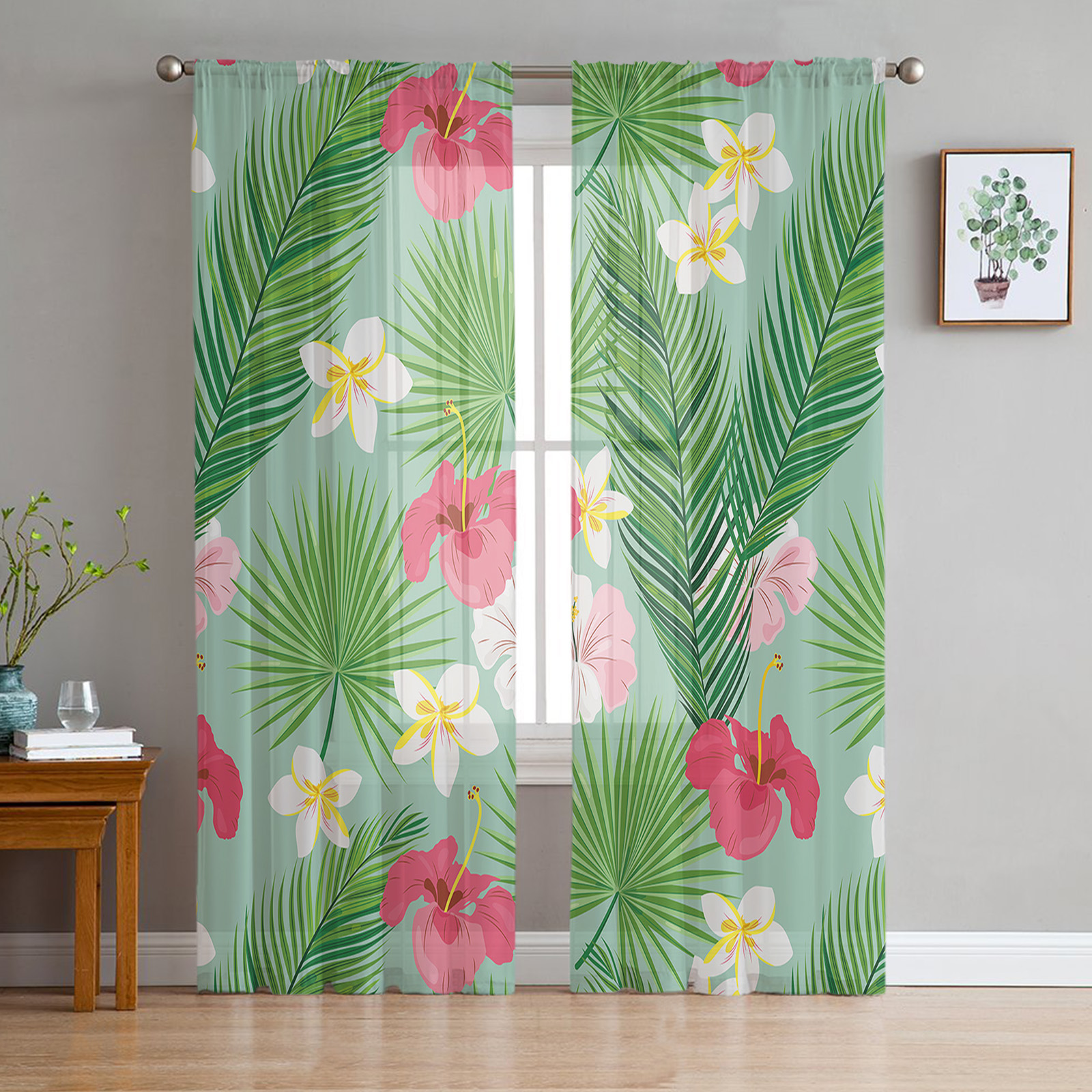 Transparent Rations Tropical Plant Leaves Hibiscus Tulle Curtains for Living Room Bedroom ...