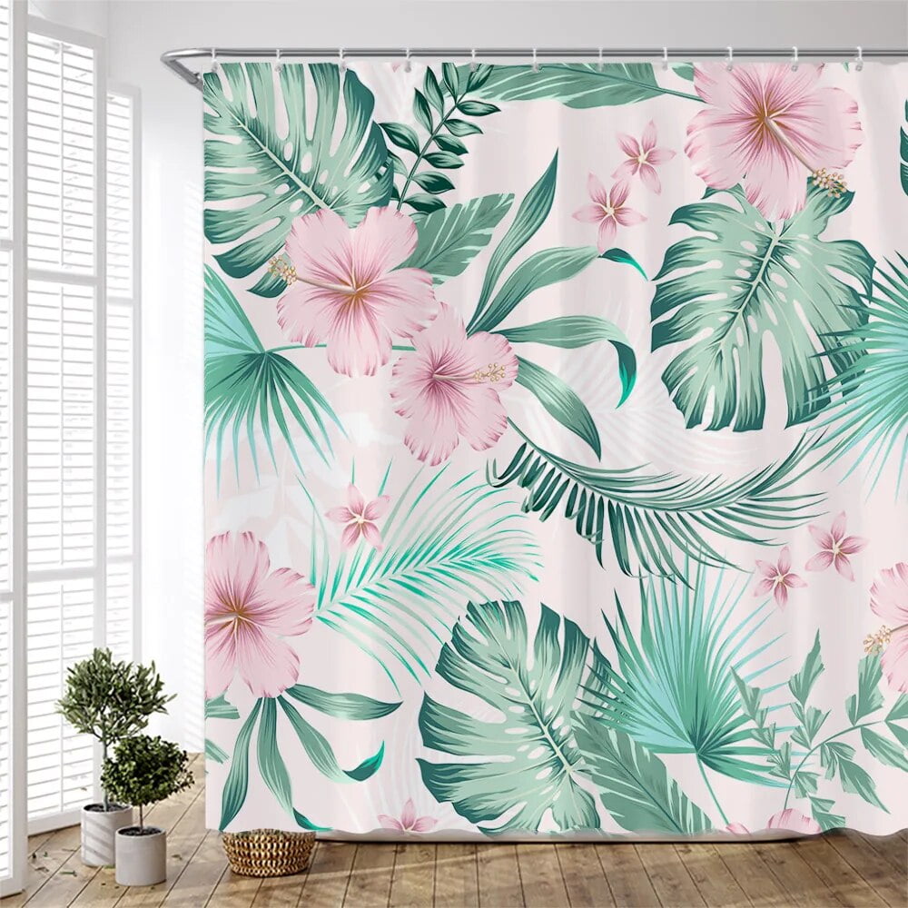 Tropical Plant Leaves Shower Curtains Green Monstera Palm Leaf Flowers
