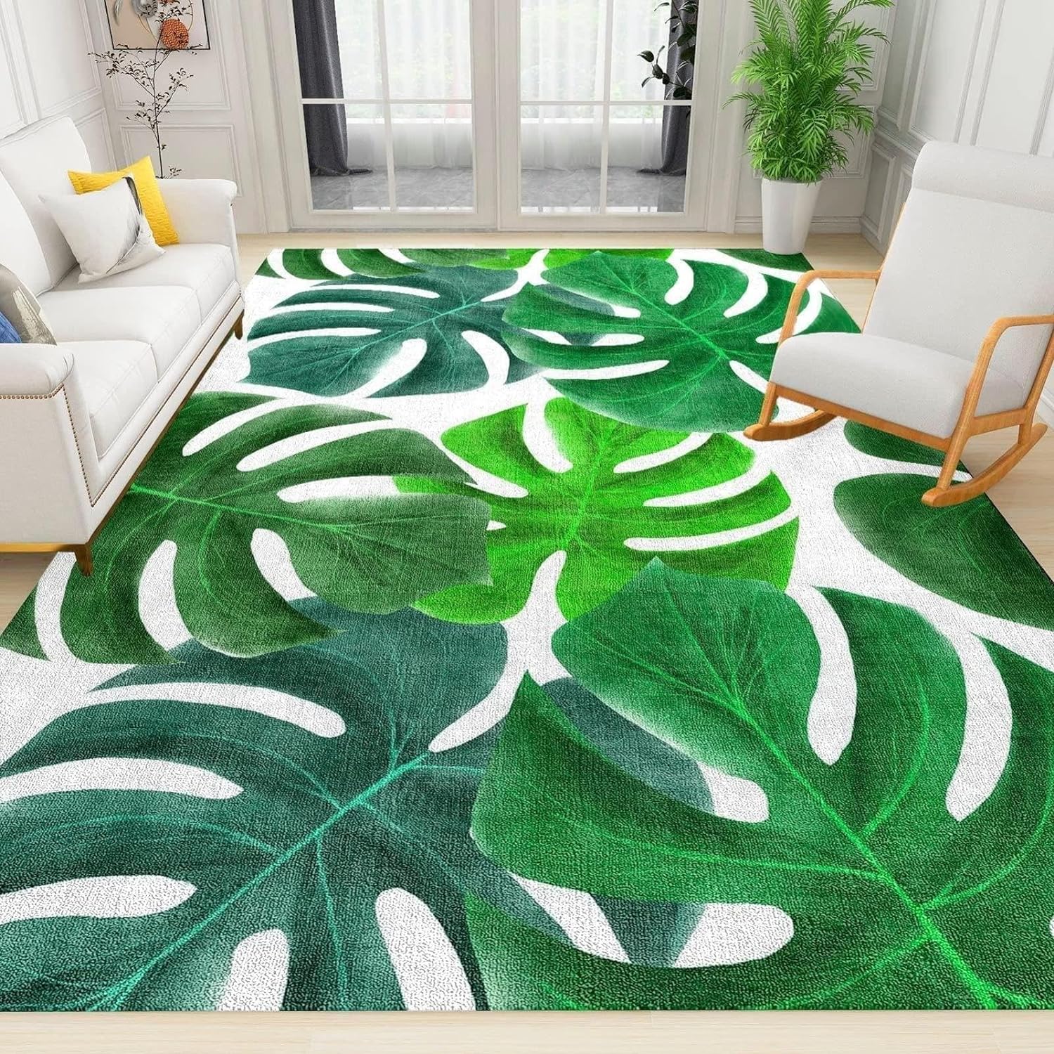 Tropical Plant Monstera Area Rug, Modern Minimalist Green Leaves Rugs