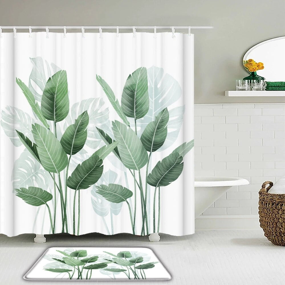Tropical Plant Monstera Green leaf Shower Curtains Set Bathroom Curtain