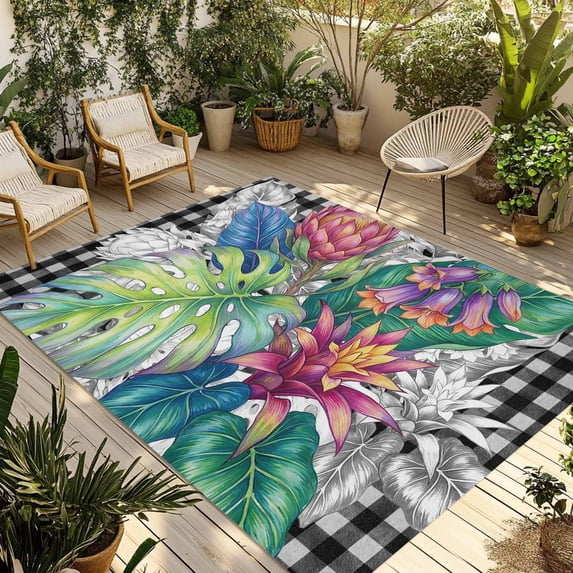 Tropical Plant Outdoor Rug for Patio/Deck/Porch, Non-Slip Large Area Rug 4 x 6 Ft, Summer Watercolor Botanical Palm Leaf Plaid Indoor Outdoor Rugs Washable Area Rugs, Camping Rug Carpet Runner