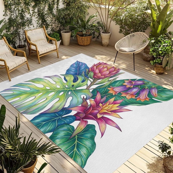 Tropical Plant Outdoor Rug for Patio/Deck/Porch, Non-Slip Large Area Rug 5 x 7 Ft, Summer Watercolor Botanical Palm Leaves Indoor Outdoor Rugs Washable Area Rugs, Reversible Camping Rug Carpet Runner