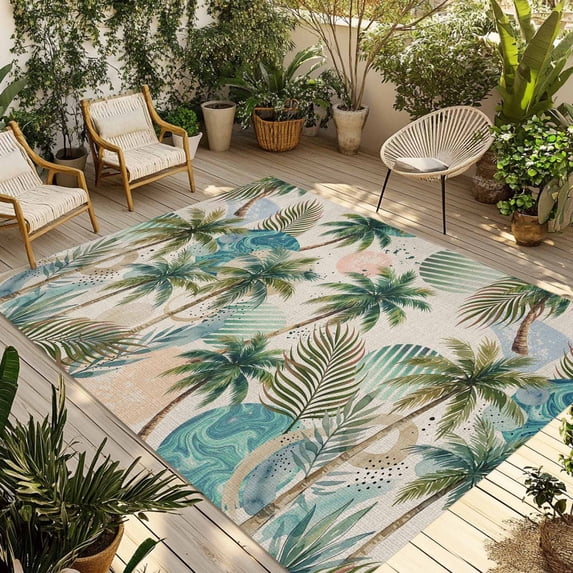Tropical Plant Outdoor Rug for Patio/Deck/Porch, Non-Slip Large Area Rug 6 x 9 Ft, Summer Watercolor Boho Palm Tree on Linen Indoor Outdoor Rugs Washable Area Rugs, Camping Rug Carpet Runner
