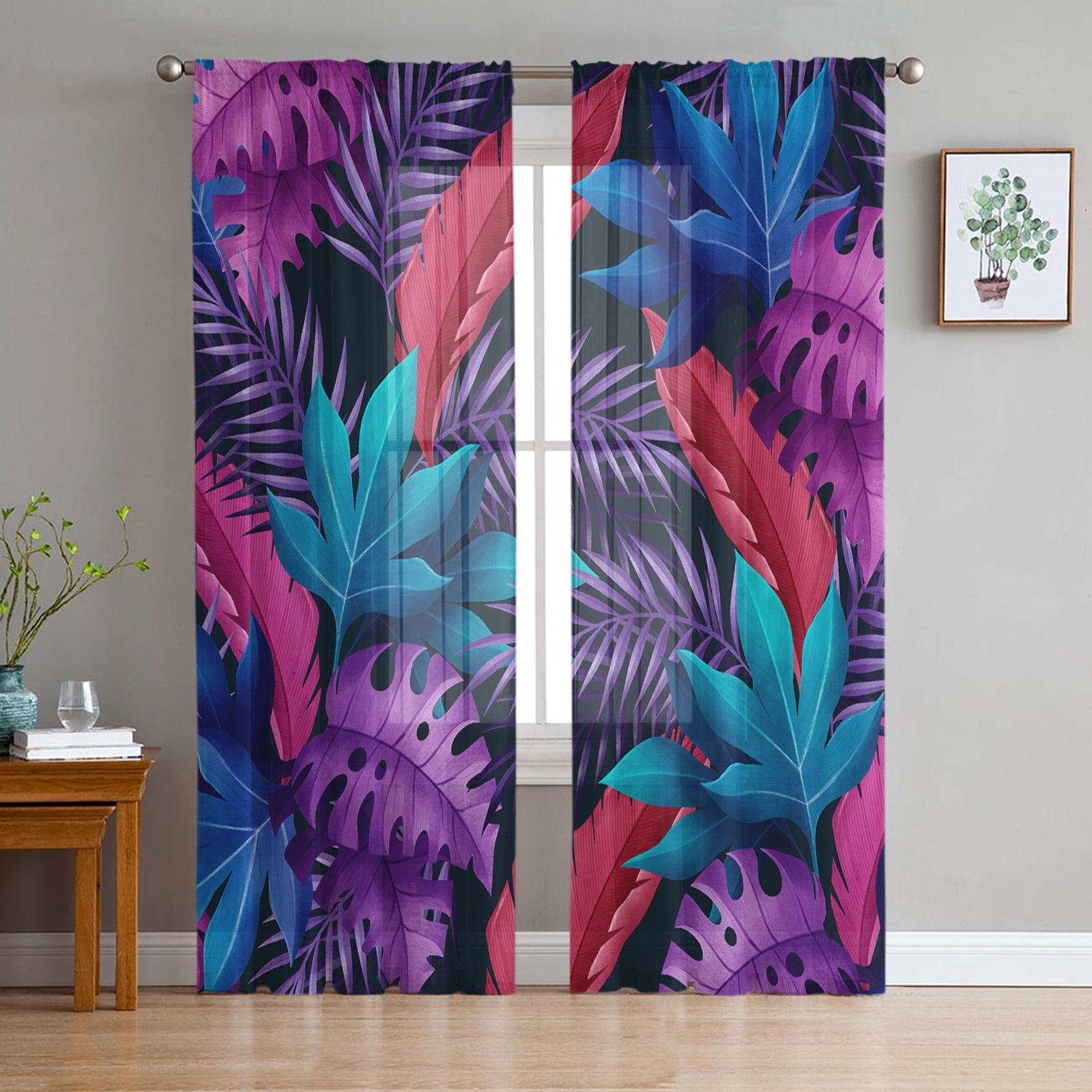 Transparent Rations Tropical Plant Palm Leaves Tulle Curtains for Living Room Bedroom ...