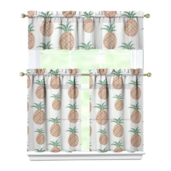 Tropical Plant Pineapple Kitchen Curtains Set, Yellow Hawaiian Fruit Print Tier and Valance, Exotic Aesthetic Curtains for Pineapple Lover’s Kitchen or Dining Area