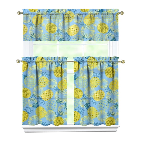 Tropical Plant Pineapple Kitchen Curtains Set, Yellow Hawaiian Fruit Print Tier and Valance, Exotic Aesthetic Curtains for Pineapple Lover’s Kitchen or Dining Area