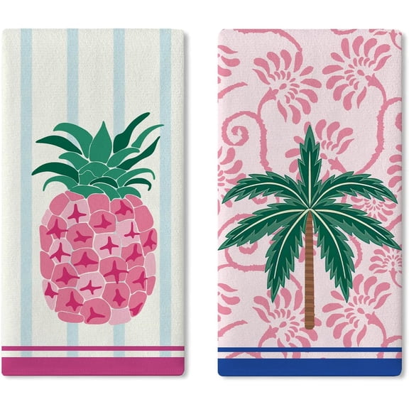 Tropical Plant Pink Pineapple Palm Tree Kitchen Dish Towels Set of 2, Summer Hawaii Beach Coastal Drying Hand Towel Baking Cooking Cloth, Floral Preppy Girly Bathroom Home Decor 18''x26''