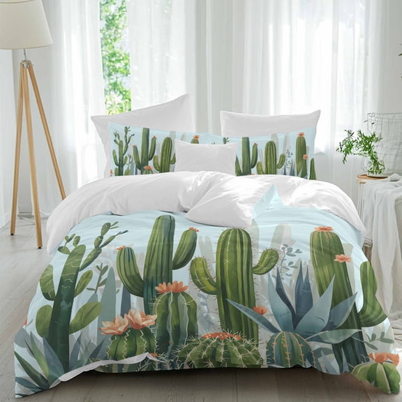 Tropical Plant Queen Size Comforter Set, Summer Cactus Succulent Watercolor Blue Bedding for All Seasons, 4 Pcs Bed Set, 1Quiltcover (90"x92") ,1Sheet(94"x116"), 2Pillowcases (30"x20")