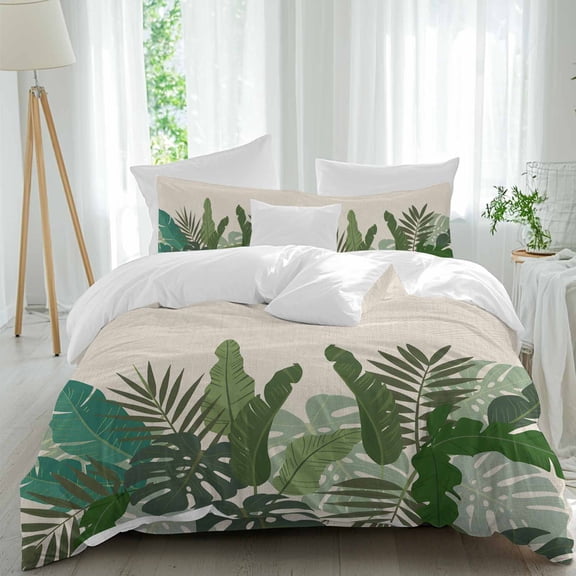 Tropical Plant Queen Size Comforter Set, Summer Palm Leaf Watercolor Linen Texture Bedding for All Seasons, 4 Pcs Bed Set, 1Quiltcover (90"x92") ,1Sheet(94"x116"), 2Pillowcases (30"x20")
