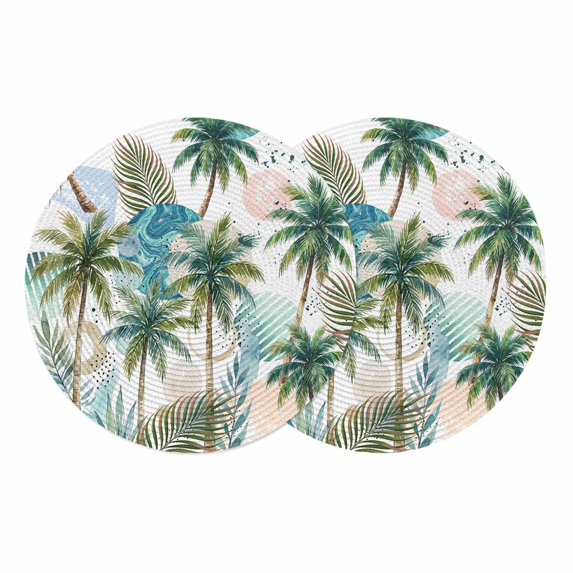 Tropical Plant Round 13 Inch Placemats Set of 2, Summer Watercolor Boho Green Palm Trees HeatResistant Non Slip Place Mats for Dining Table, Wipeable Braided Kitchen Table Mats for Housewarming