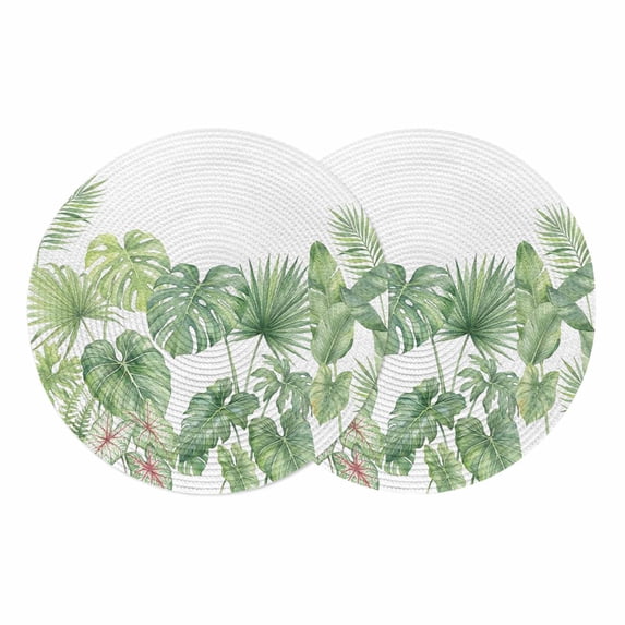 Tropical Plant Round 13 Inch Placemats Set of 2, Summer Watercolor Green Palm Leaves HeatResistant Non Slip Place Mats for Dining Table, Wipeable Braided Kitchen Table Mats for Housewarming