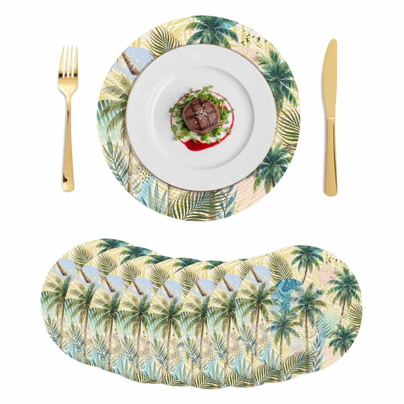 Tropical Plant Round 13 Inch Placemats Set of 8, Summer Watercolor Boho Green Palm Tree Beige HeatResistant Non Slip Place Mats for Dining Table, Wipeable Braided Kitchen Table Mats for Housewarming