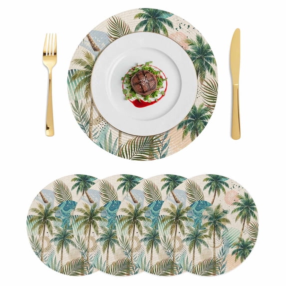 Tropical Plant Round 15 Inch Placemats Set of 4, Summer Watercolor Boho Palm Tree on Linen HeatResistant Non Slip Place Mats for Dining Table, Wipeable Braided Kitchen Table Mats for Housewarming