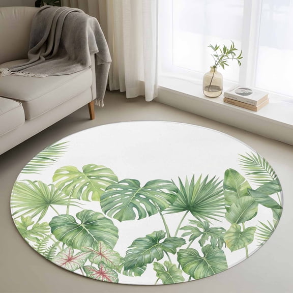 Tropical Plant Round Area Rug 3Ft Washable Small Circle Rugs for Kitchen Entryway, Summer Watercolor Green Palm Leaves Non-Slip Carpet Floor Mats Indoor Outdoor Carpet Runner Aesthetic Home Decor