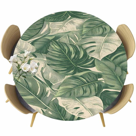 Tropical Plant Round Fitted Tablecloth with Elastic Edge, Watercolor Green Palm Leaves Linen Stretch Table Covers for 36"-44" Tables Wipeable Table Cloth for Outdoor