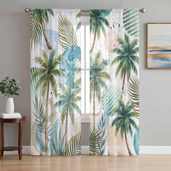Tropical Plant Sheer Curtains 72 Inch Length 2 Panels Set, Summer Watercolor Boho Green Palm Trees Voile Window Treatment Rod Pocket Curtains Sheers Drapes for Bedroom/Living Room/Kitchen 52"x72"x2