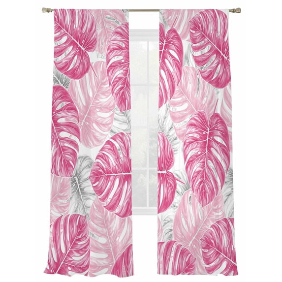 Tropical Plant Sheer Curtains 96 Inch Long 2 Panels, Pink Palm Leaf Country Texture Light Filtering Rod Pocket Semi Sheer Curtains, Sheer Voile Drapes for Living Room Bedroom, 52"x96"