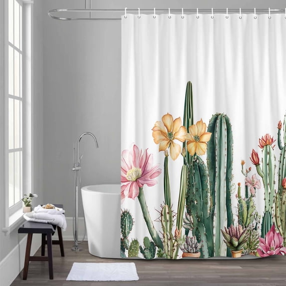 Tropical Plant Shower Curtain for Bathroom Decor, Cactus Floral Farmhouse Watercolor Plant Waterproof Fabric Shower Curtain, 72"x96" Set with 12 Hooks