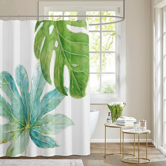 Tropical Plant Shower Curtain for Bathroom Monstera Leaf Shower Curtains Beach Hawaiian Modern Minimalist Waterproof Fabric Shower Curtain with Hooks, 72"x72", Green and White