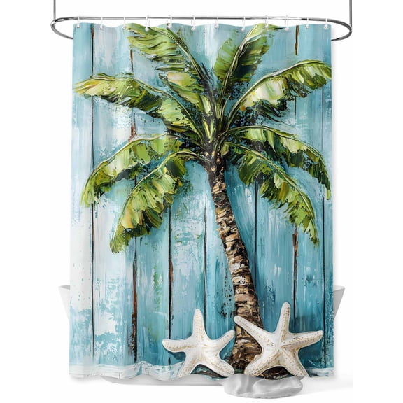 Tropical Plant Shower Curtain, Blue Wood Grain Starfish Vintage Nautical Waterproof Shower Curtain Set with 12 Hooks Lightweight Washable Fabric Shower Curtains for Bathroom 36x72 Inches