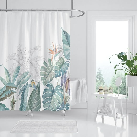 Tropical Plant Shower Curtain, Green Leaf Botanical Shower Curtain Set, Monstera Jungle Shower Curtains for Bathroom, Waterproof Fabric with 12 Hooks, 72 x 72 Inches