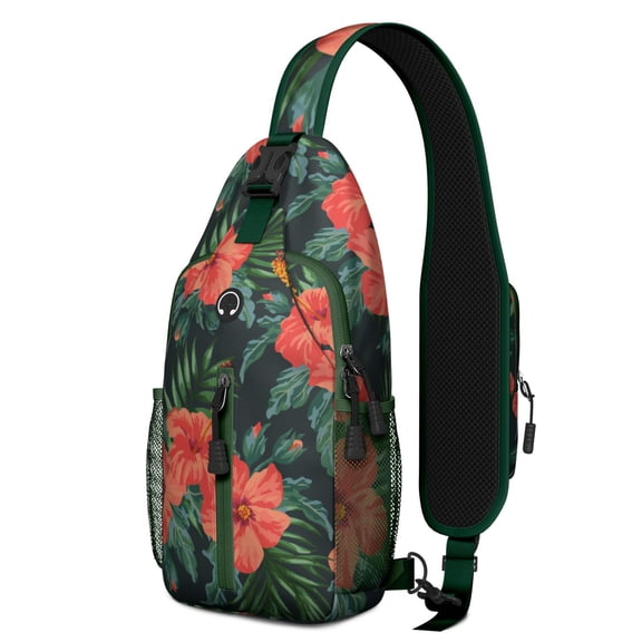 Tropical Plant Sling Backpack – Lightweight Water-Resistant Crossbody Bag with Colorful Palm Leaf and Hawaiian Floral Design for Beach Vacation